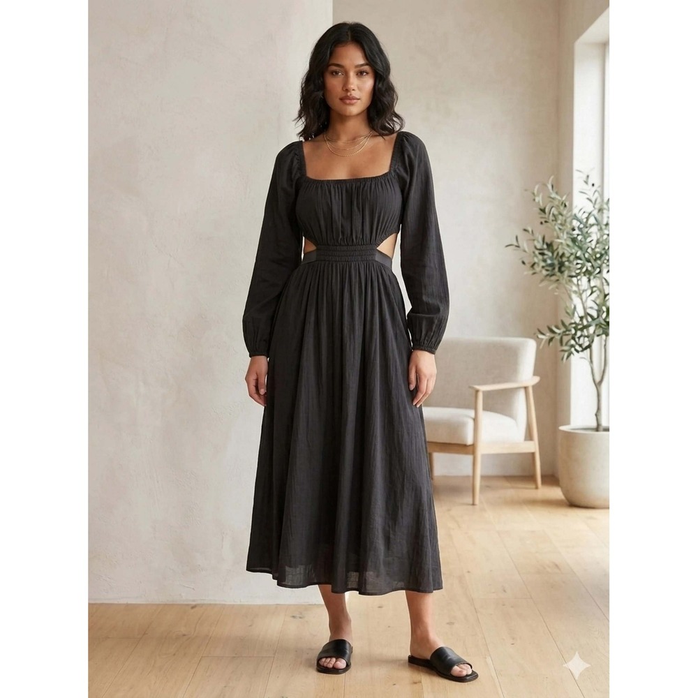 American Eagle Cut Out Midi Dress Womens XXL Black Cotton Long Sleeve Open Back